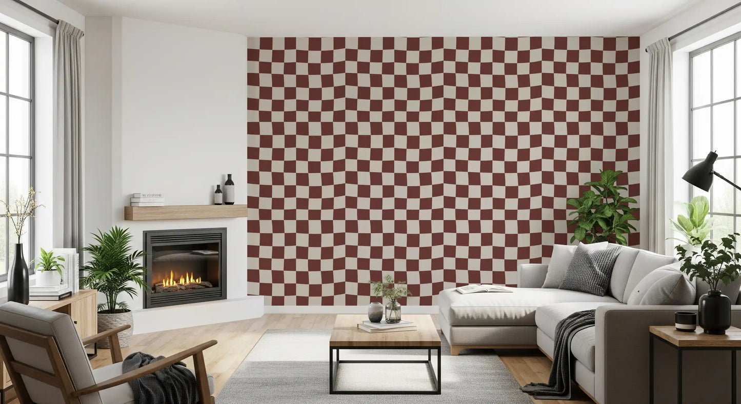 Distorted brown checks float on the Groovy Checkered Ripple wallpaper.