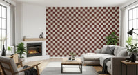 Distorted brown checks float on the Groovy Checkered Ripple wallpaper.