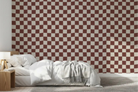 Bedroom features Groovy Checkered Ripple wallpaper.