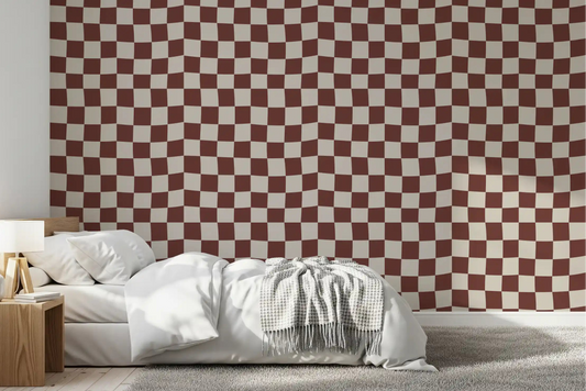 Bedroom features Groovy Checkered Ripple wallpaper.