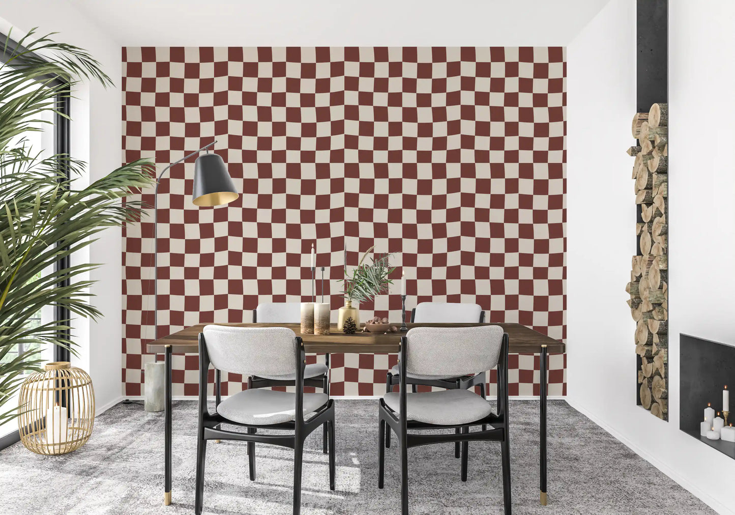 Dining room exhibits Groovy Checkered Ripple wallpaper.