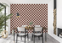 Dining room exhibits Groovy Checkered Ripple wallpaper.