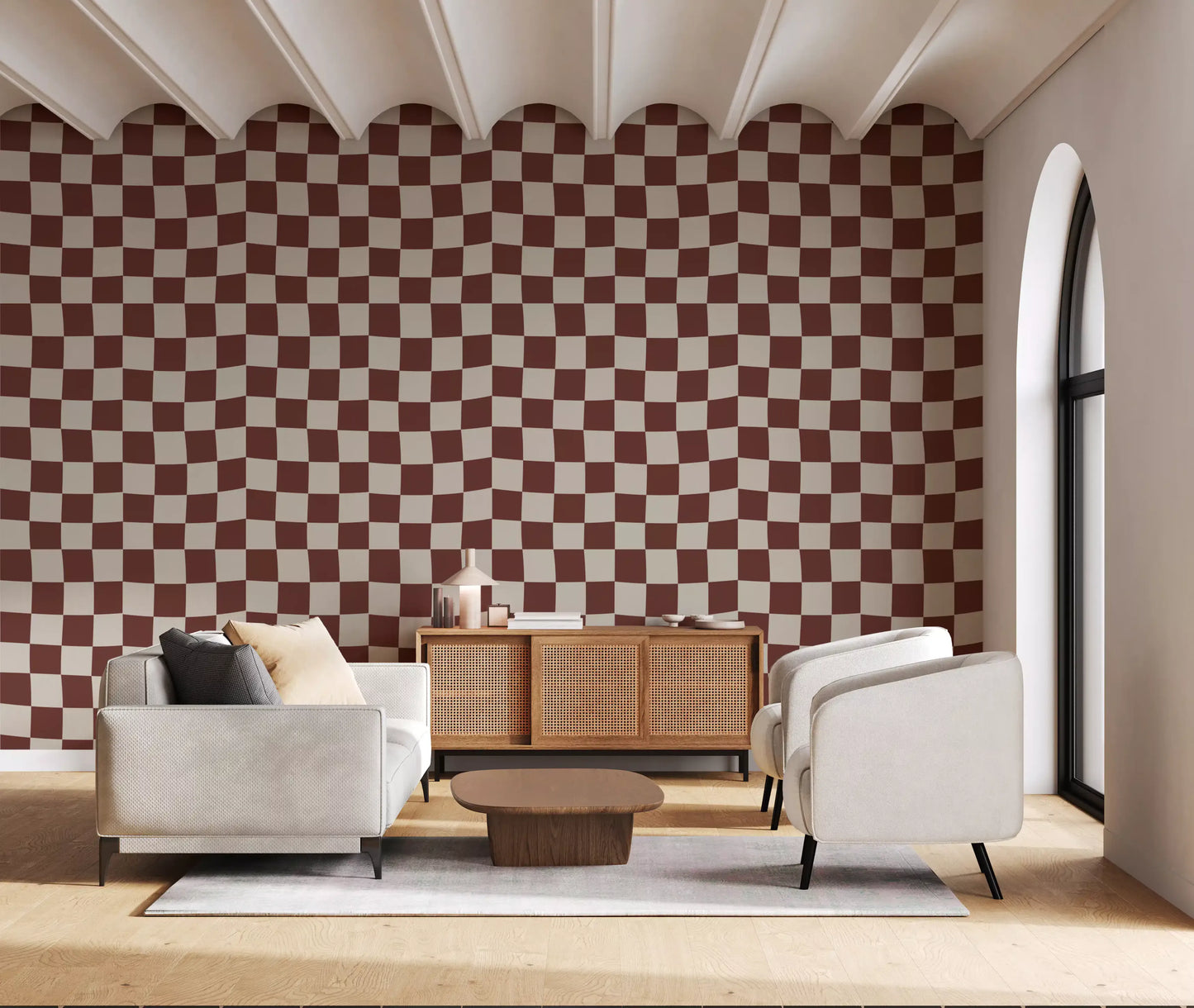 This checkered wallpaper fills the Living room space area .