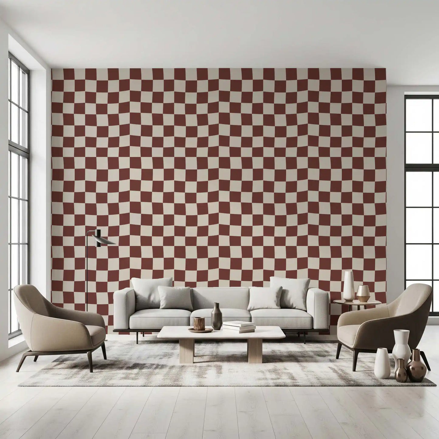 Living room Brown squares characterize this checkered wallpaper.