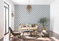 Modern wavy lines create rhythm throughout the Azure & Beige Check Wave wallpaper.