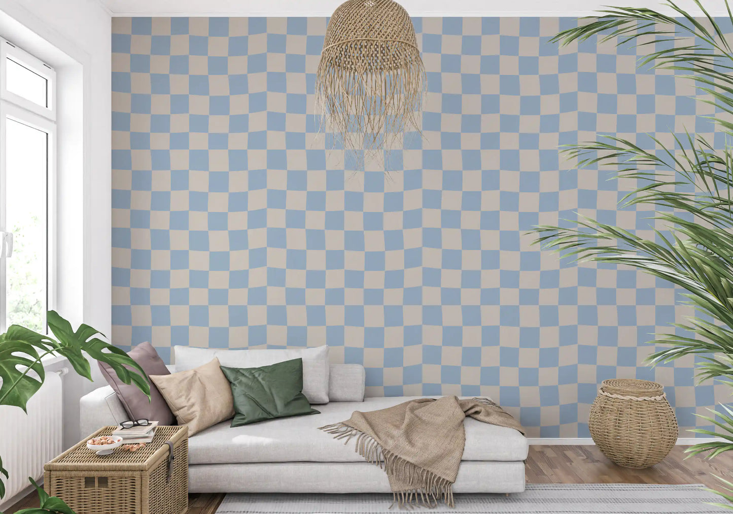 Lounge area corner interior showing a Beige wallpaper.