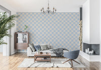 Lounge space displaying the Azure Check Wave wallpaper.