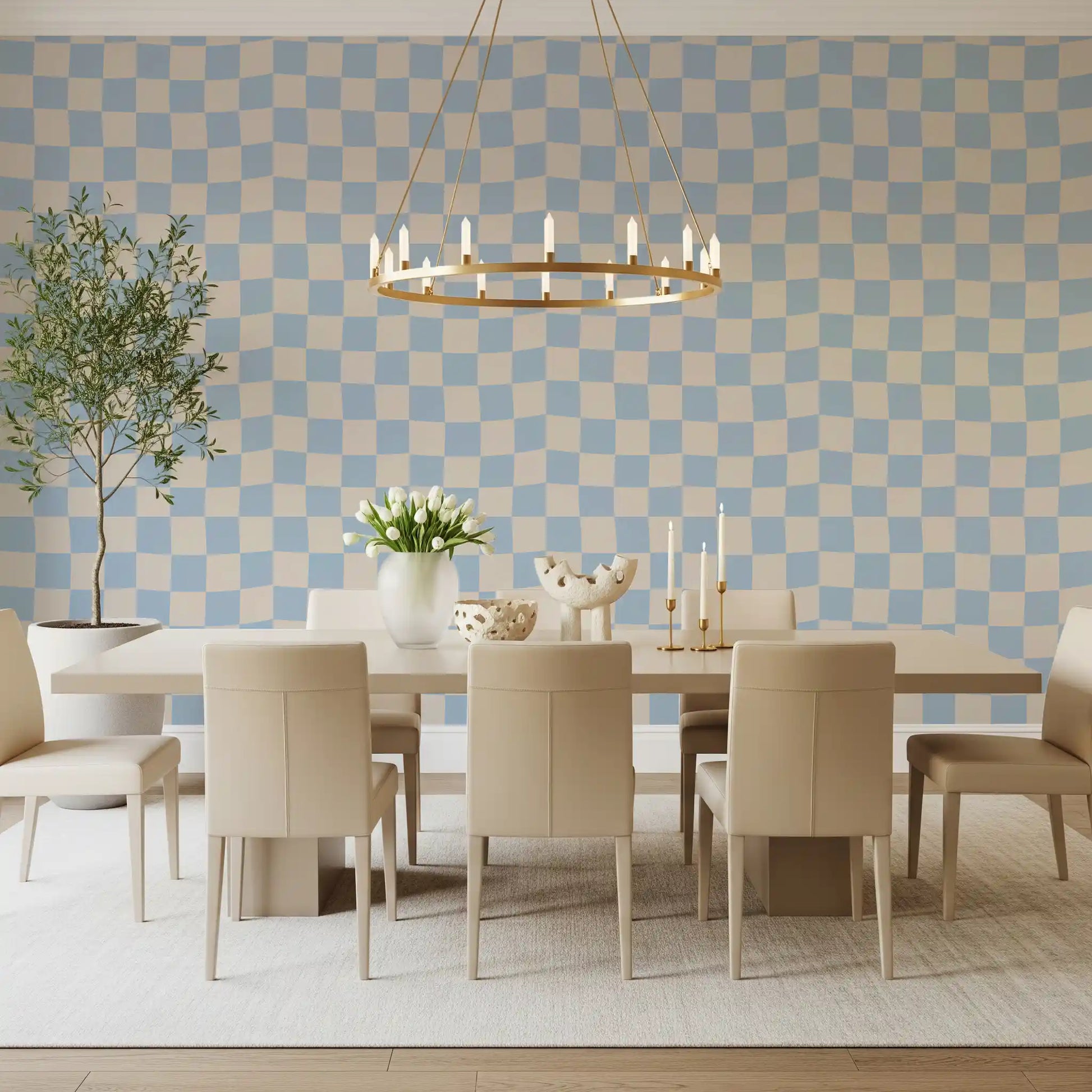 Observe the intricate grid details of the Azure & Beige Check Wave wallpaper.