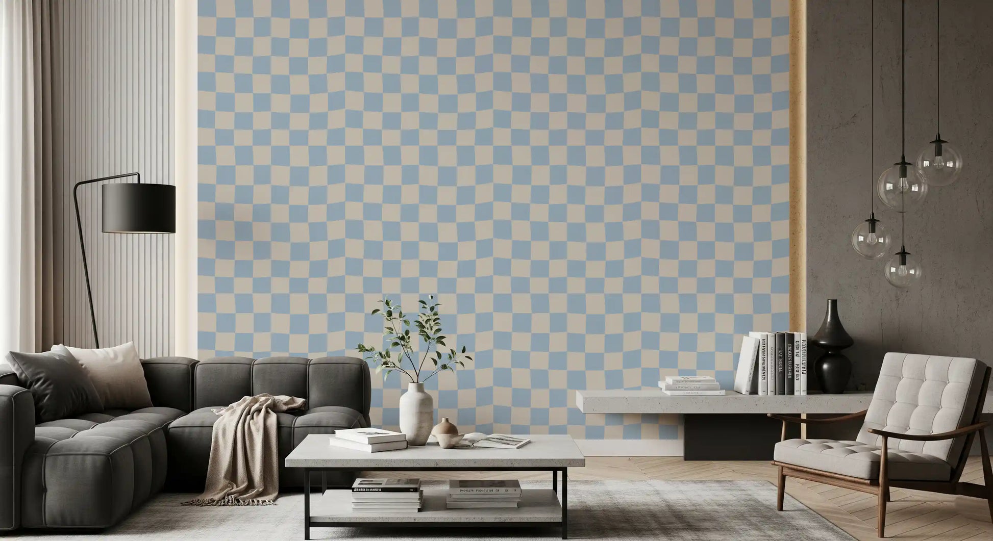 Living room space area using the unique Check wallpaper.