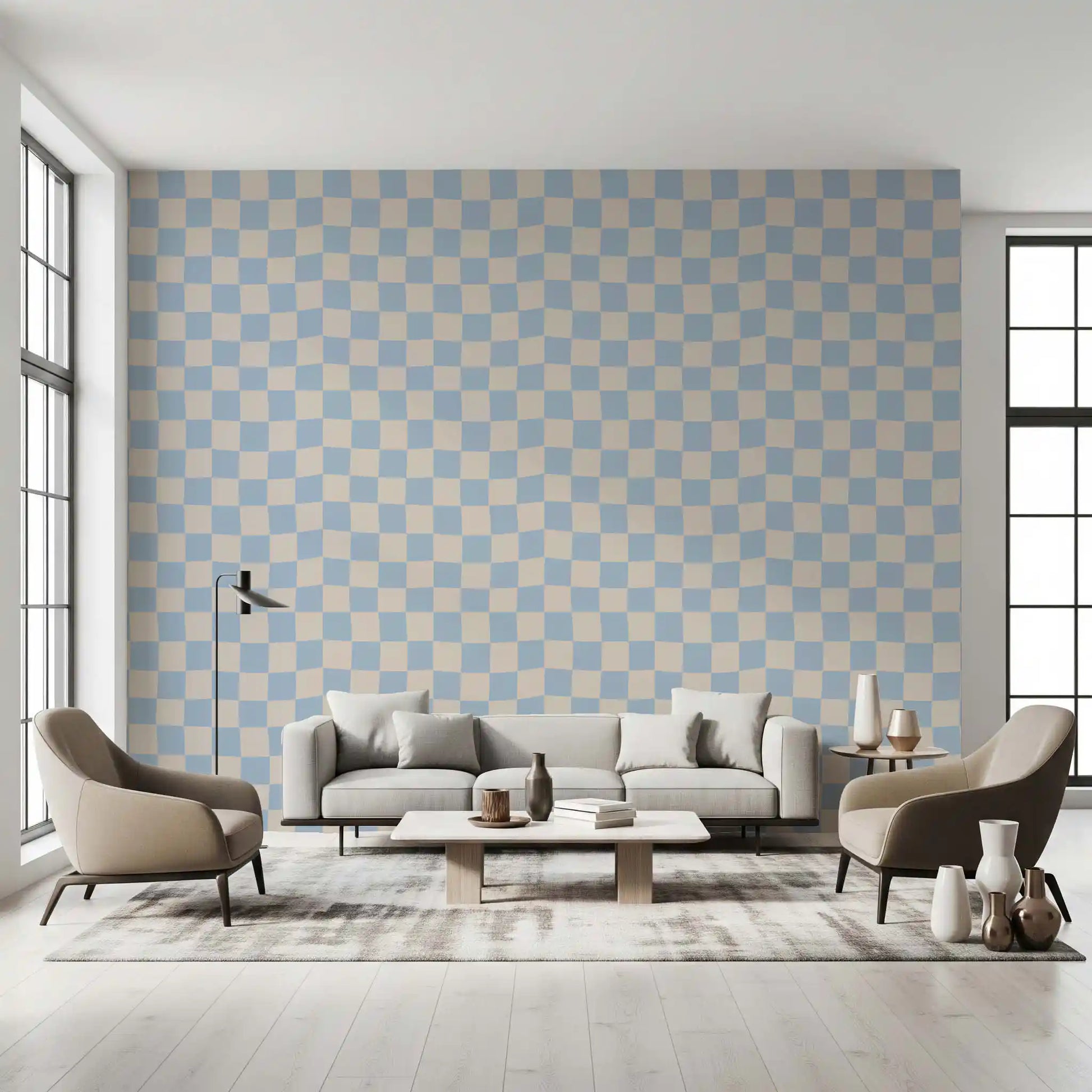 Living room finished with a clean Azure Beige Check wallpaper.