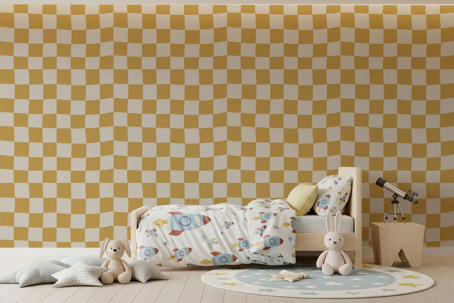 Repeating squares of this Golden wallpaper provide a distinct visual rhythm.