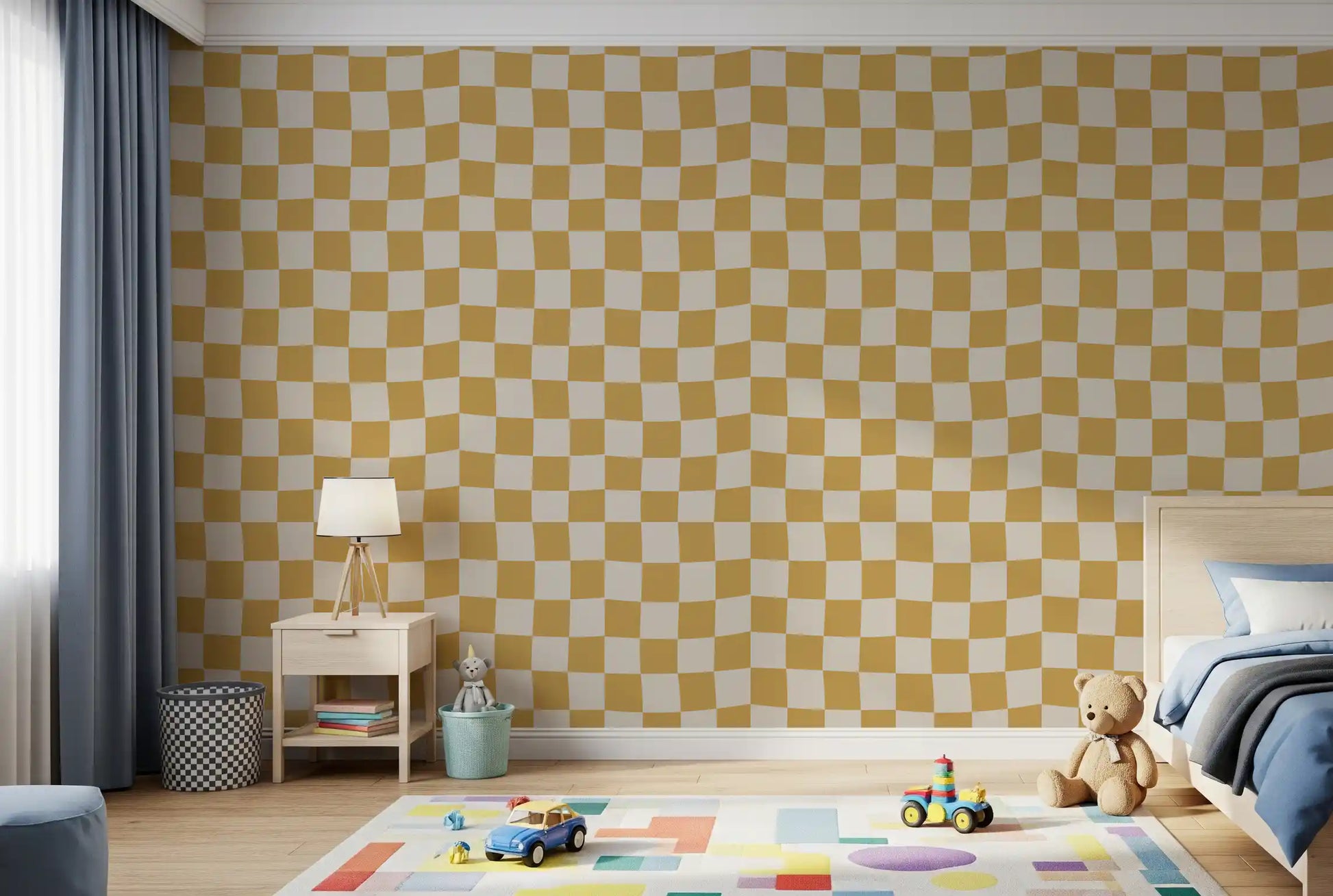 This Kids room showcases the wavy pattern of the Golden Ripple Checks Wallpaper.