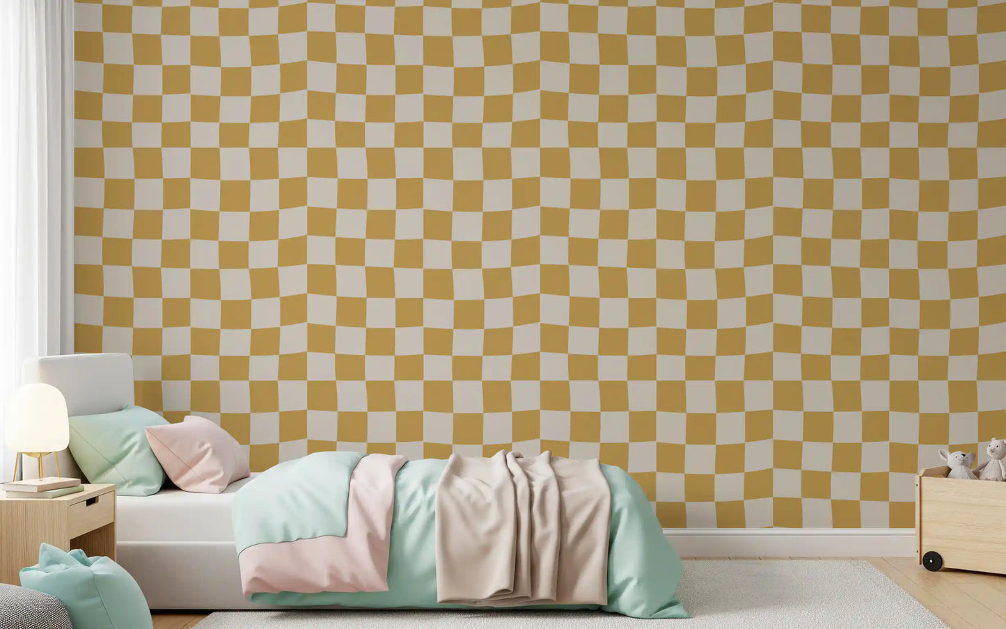 This bedroom gains a modern geometric look with Golden Ripple Checks Wallpaper.