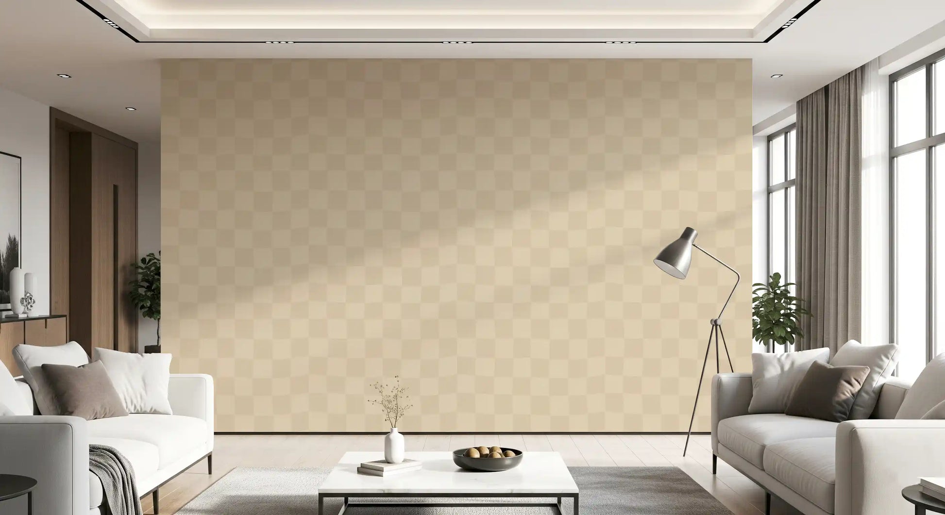 Two tone checker squares ripple in this Living room, cafe latte wallpaper as backdrop.