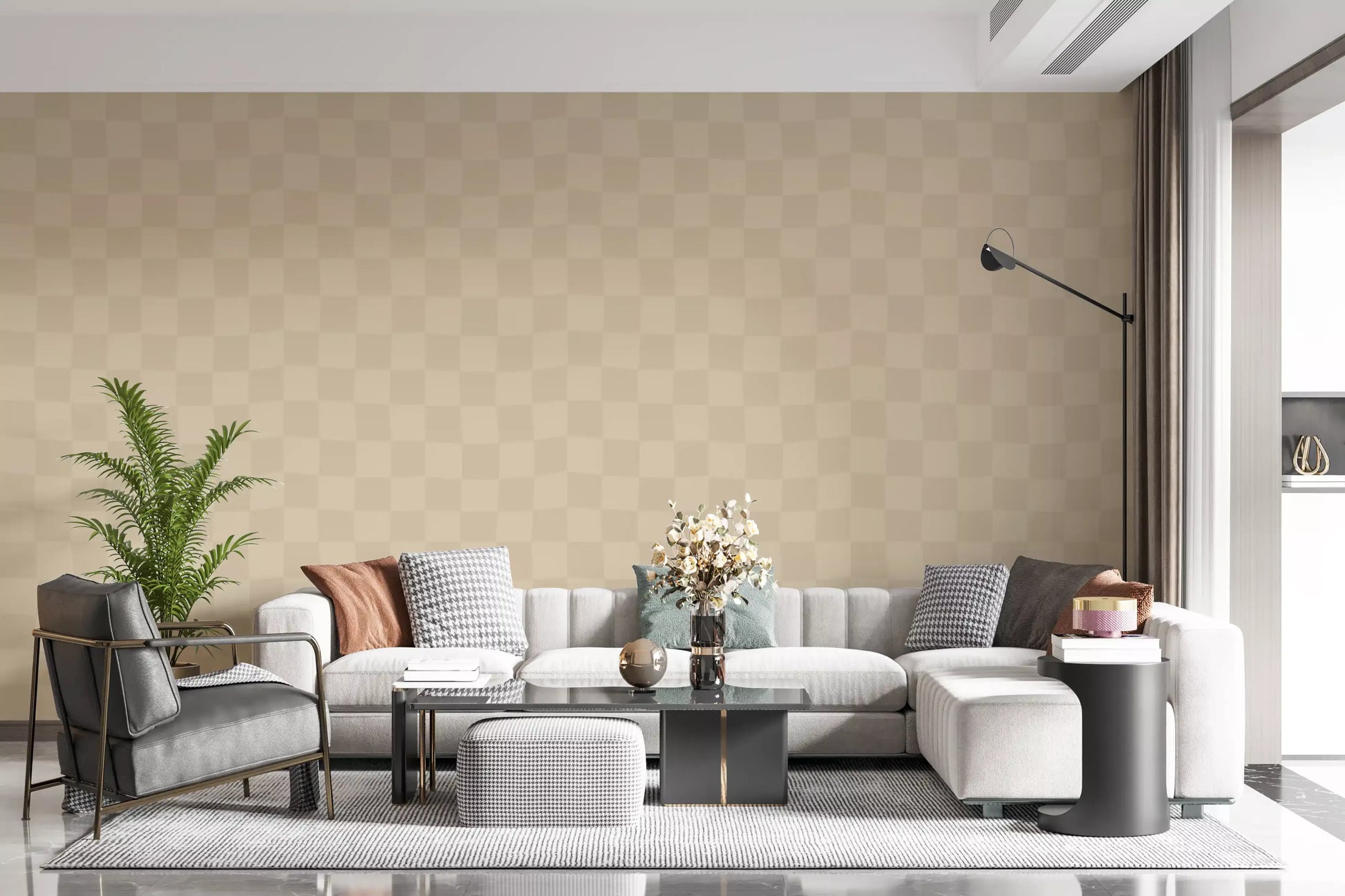 Centre-out, the wavy squares form a relaxed cafe latte and beige wallpaper grid.