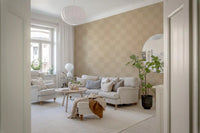 Wavy checker squares in cafe latte cream and warm beige fill the wallpaper field.