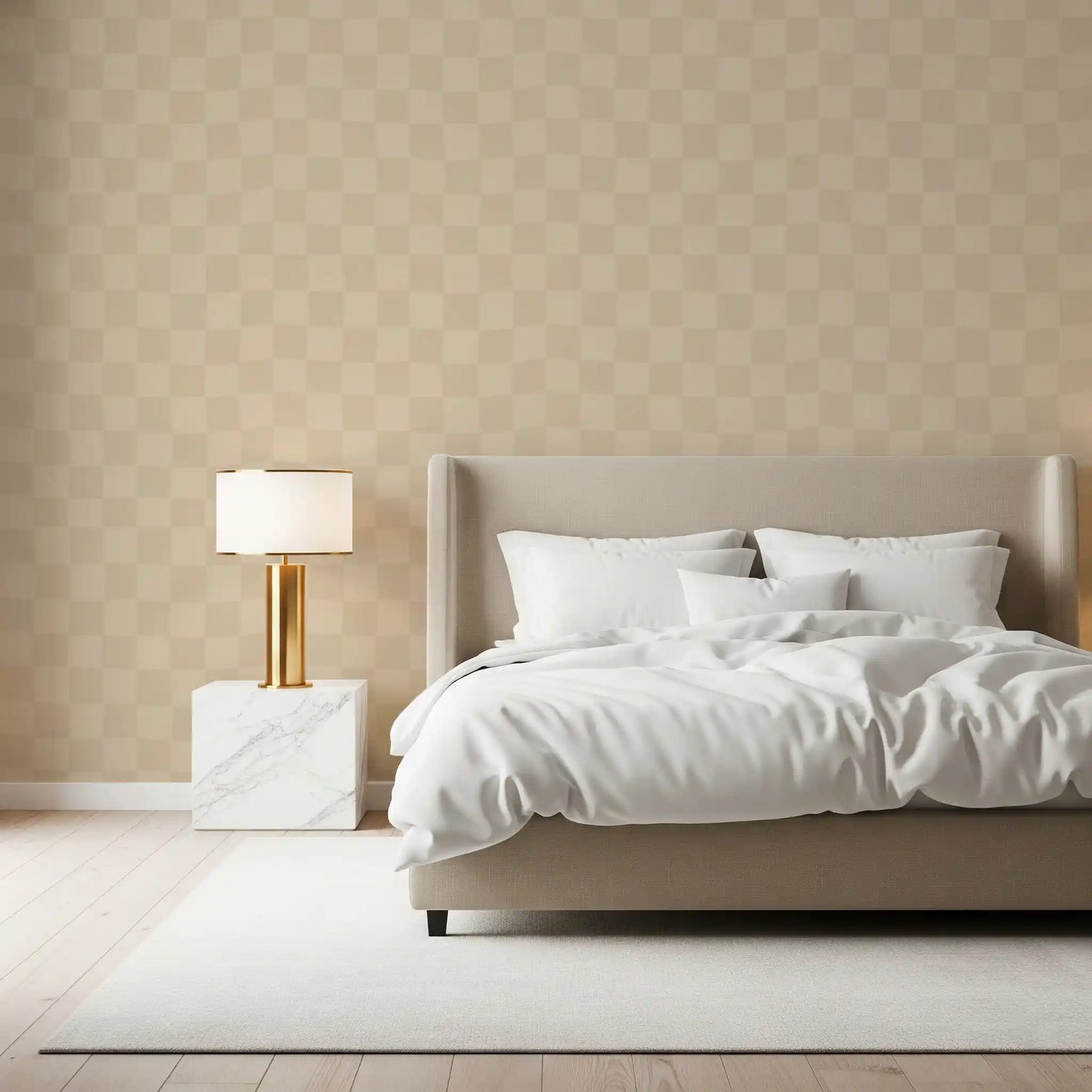 Gentle wave in the checker keeps this Bedroom easy, cafe latte wallpaper throughout.
