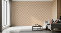 Wavy Check wallpaper wraps the Living room in a quiet beige and tan layout.