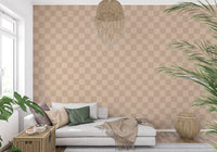Tan boxes ripple along the Living room under a freehand Muted Wavy Check wallpaper layout.