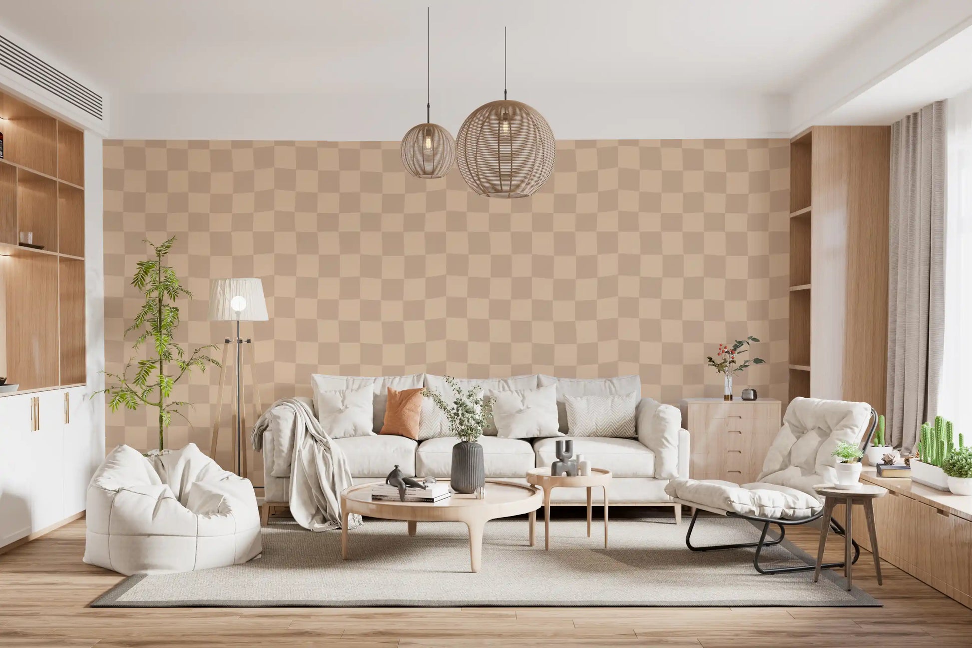Pale beige and cream hues meet inside every square of this Muted Wavy Check wallpaper.