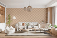 Pale beige and cream hues meet inside every square of this Muted Wavy Check wallpaper.