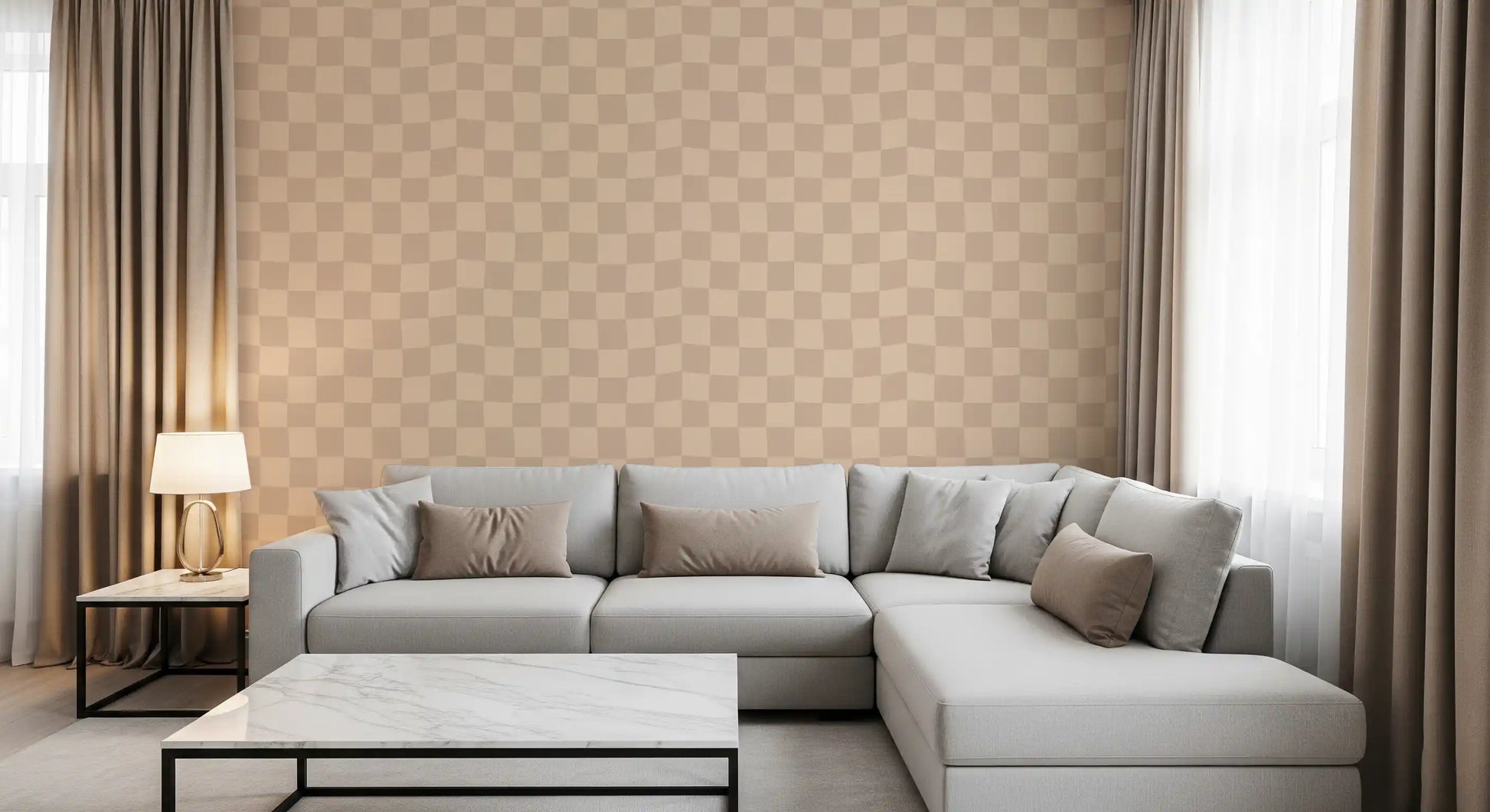 Warped grid pattern rolls into the lounge with a Muted Wavy Check wallpaper finish.