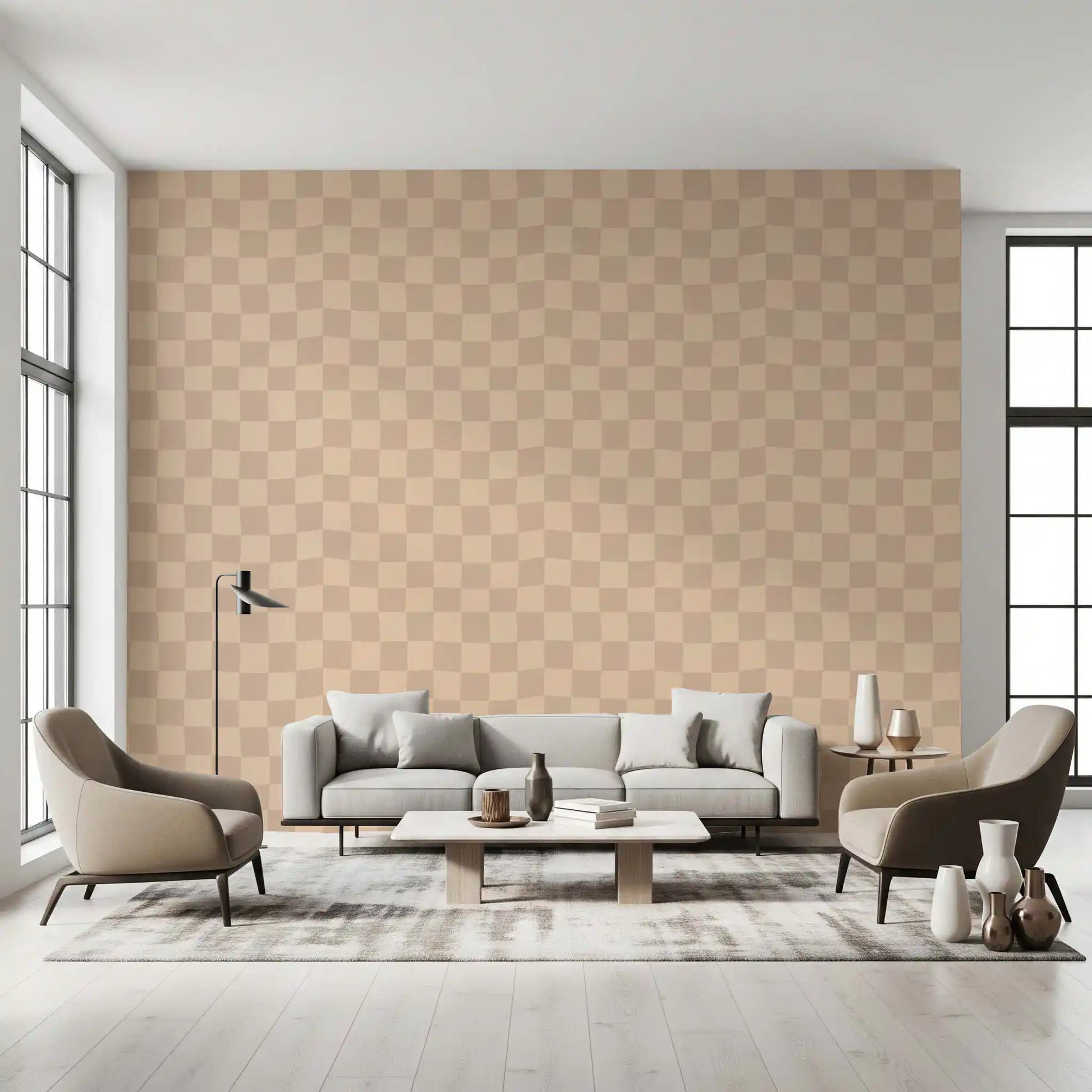 Cream and tan blocks lean through the living room under quiet wallpaper tones.
