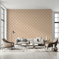 Cream and tan blocks lean through the living room under quiet wallpaper tones.