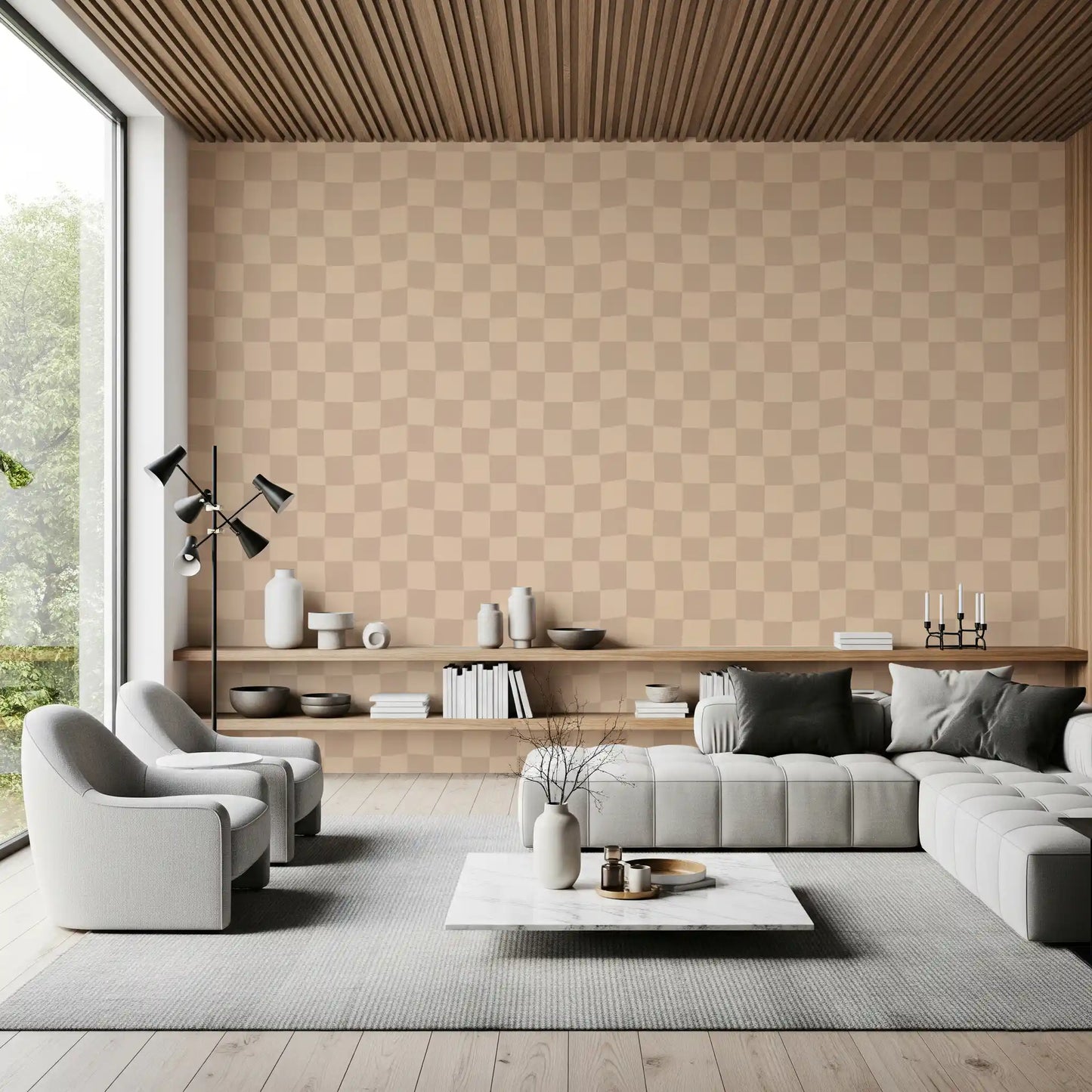 Each row of the off-beat pattern shifts angle along this beige wallpaper face.