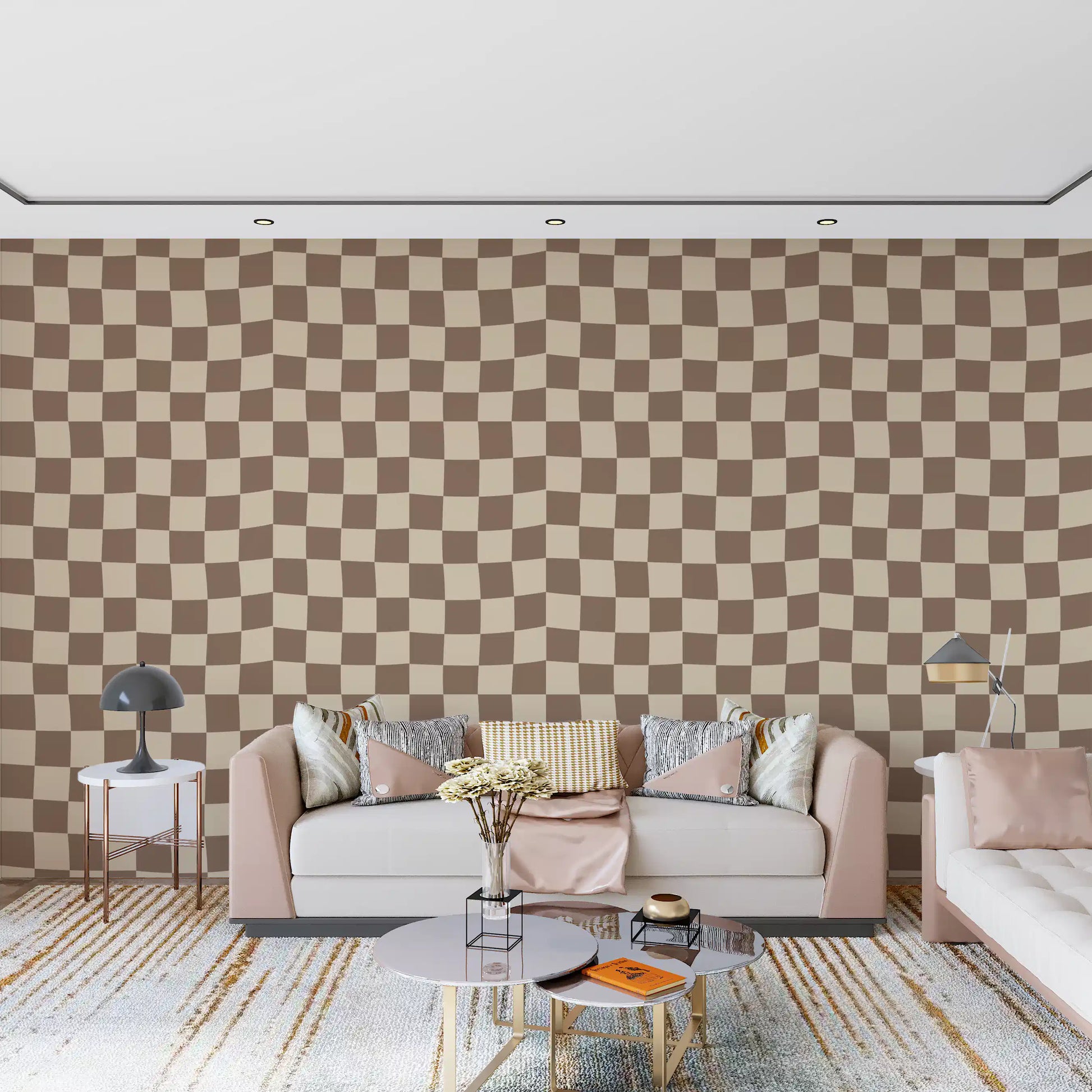 Geometric warp gives Wavy Beige Check wallpaper a relaxed, modern beige and brown finish.