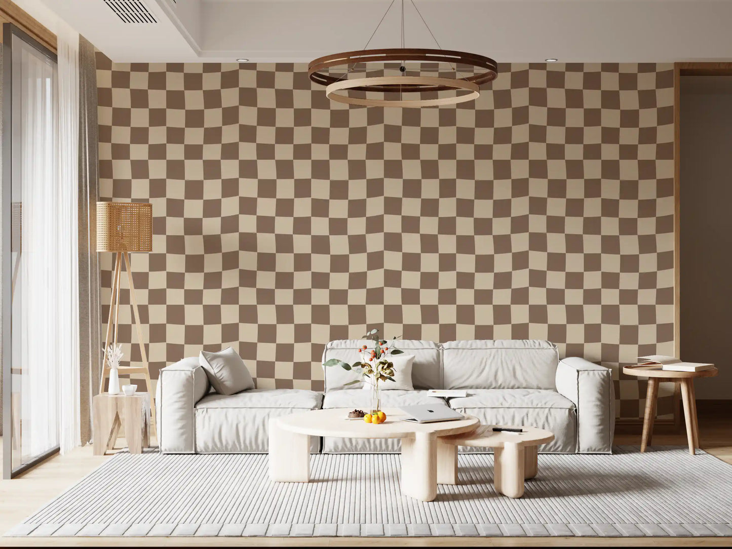 Mellow brown checker rhythm reaches the lounge as Wavy Beige Check wallpaper opens up.
