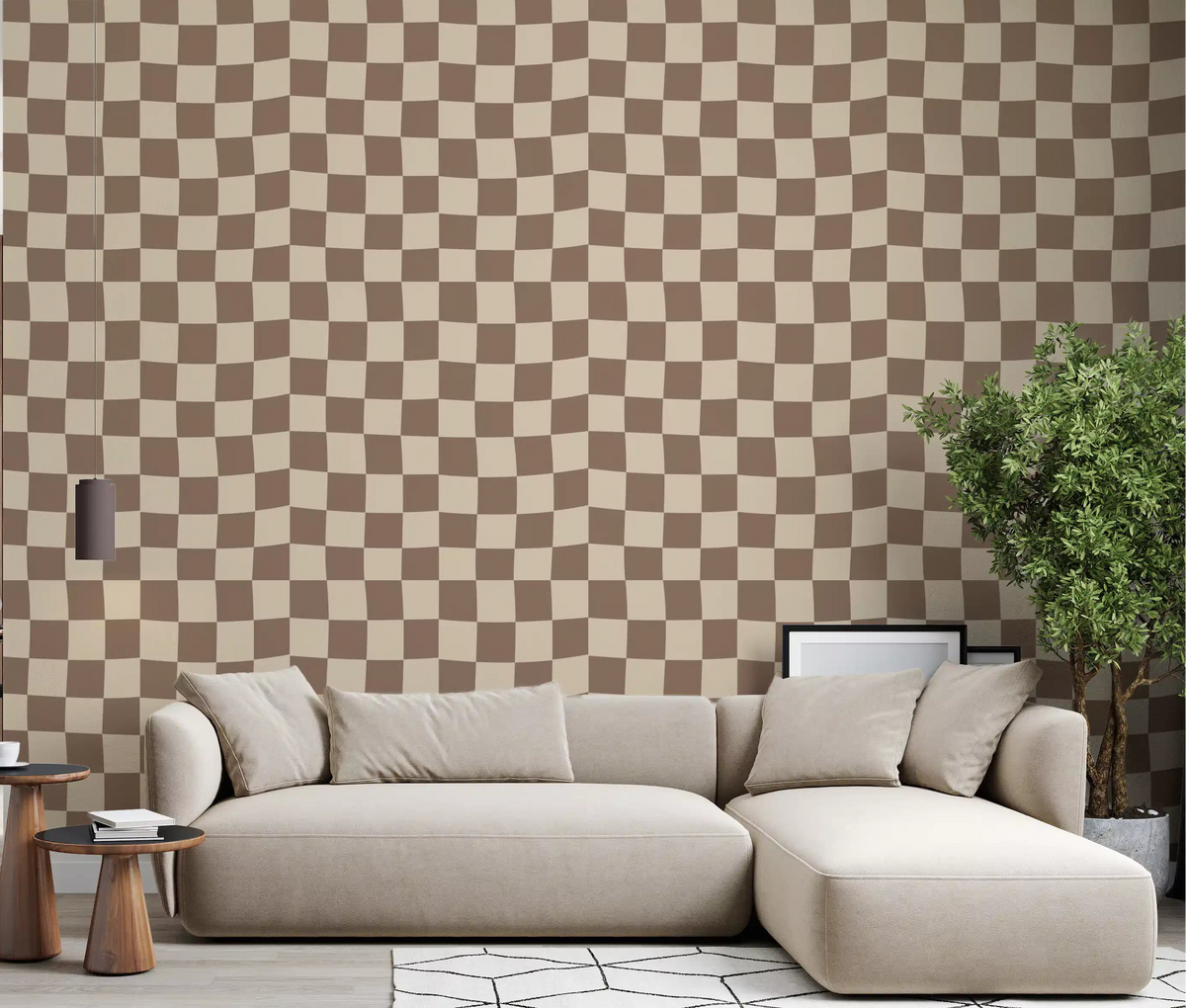 Wavy Beige Check wallpaper paints a tonal geometric mood through the living room.