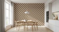 Dining room shows warped checker squares with Wavy Beige Check wallpaper spreading wide.
