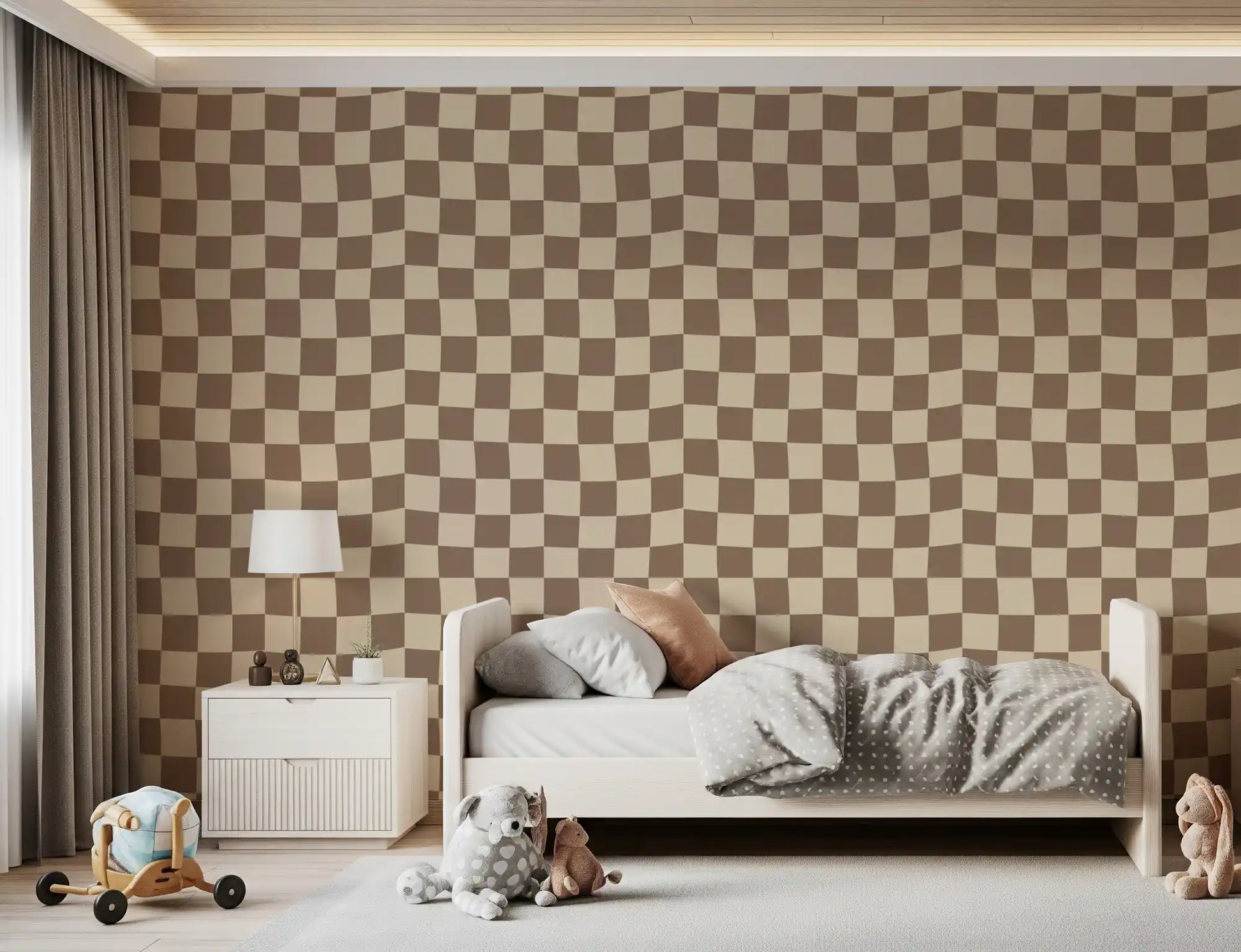 Checker pattern of Wavy Beige Check wallpaper warps each square with a slight wave.
