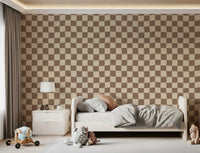 Checker pattern of Wavy Beige Check wallpaper warps each square with a slight wave.

