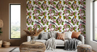 Branches of bloom and bud frame robin and titmouse in Birds and Blossoms wallpaper.