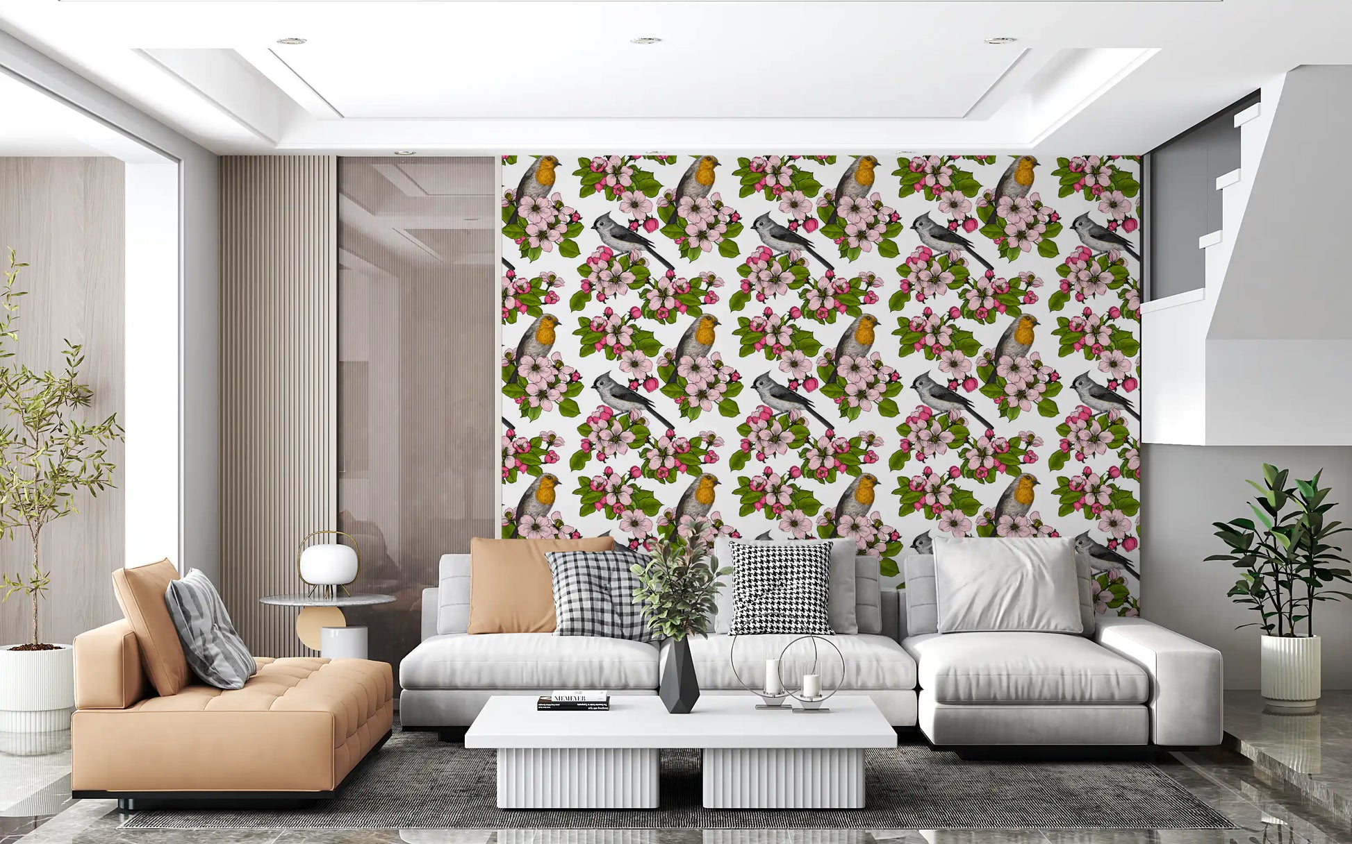 Birds and Blossoms wallpaper warms the living room with garden petals and perched birds.