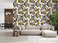 Tufted titmouse pauses near pink buds along this Birds and Blossoms wallpaper view.