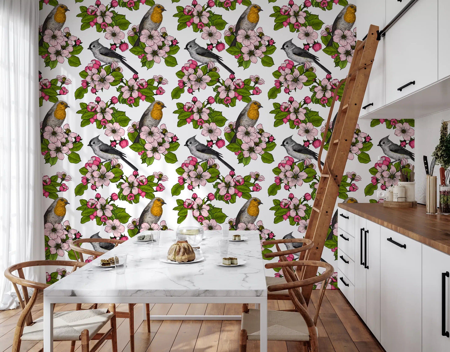 In Birds and Blossoms wallpaper, an orange-breasted robin perches among bloom-laden branches.