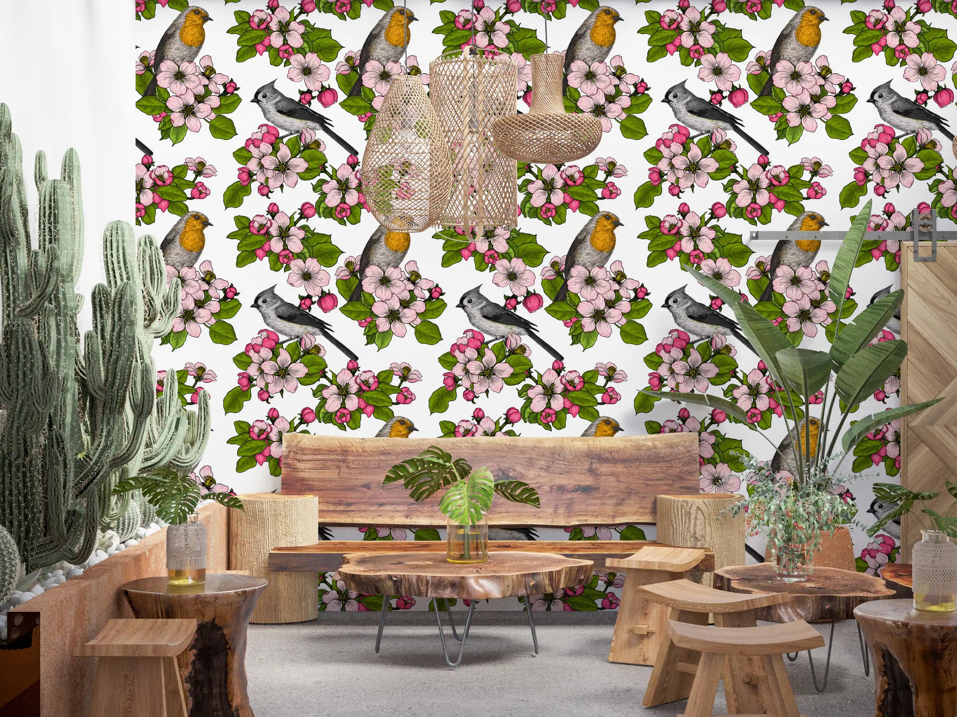 Greeting visitors at the Dinng room, Birds and Blossoms wallpaper opens with pink blooms.
