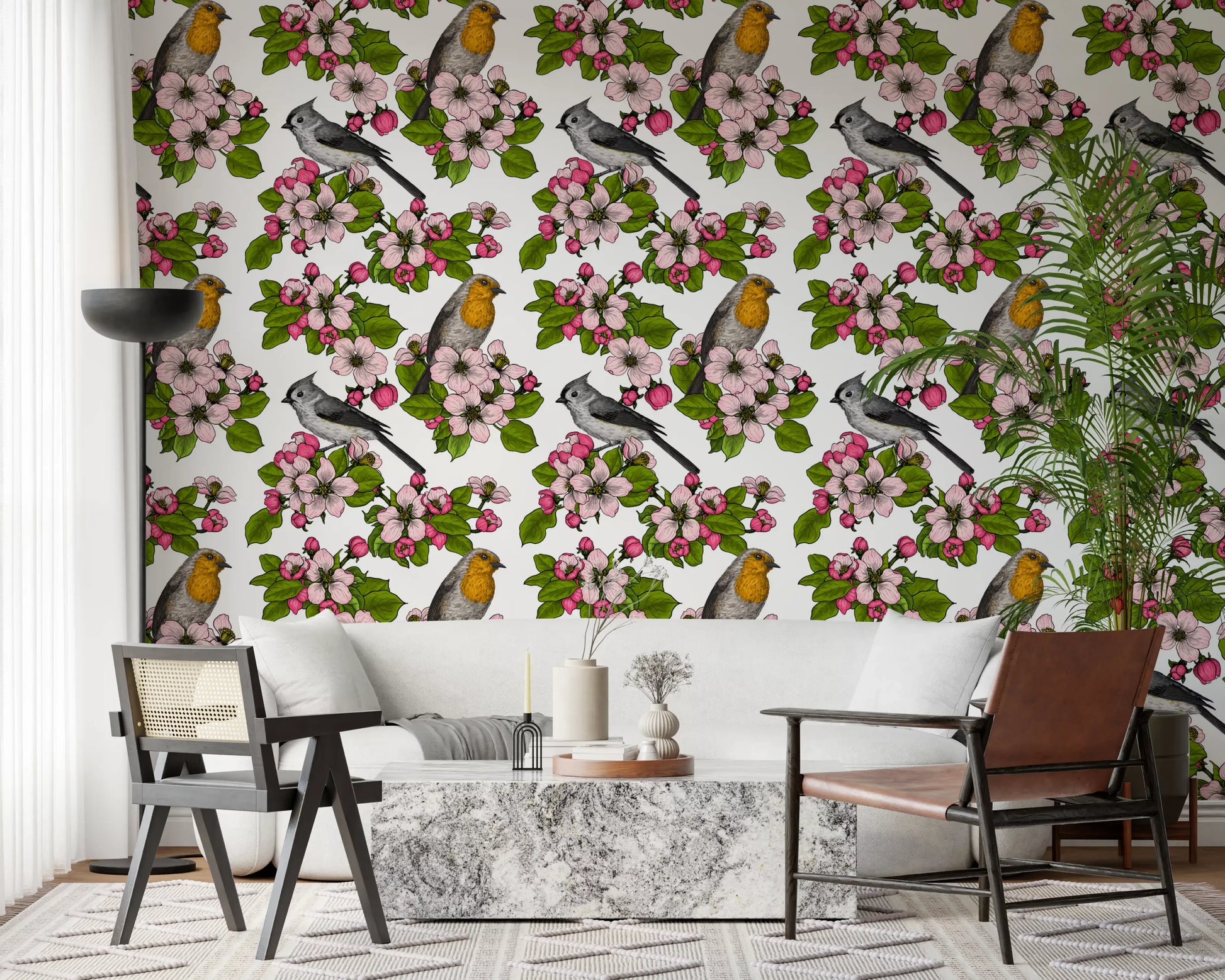 Floral scene with two birds runs along a hallway via Birds and Blossoms wallpaper.
