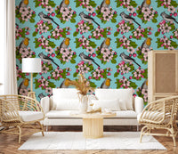 Pink blossom clusters arrive on the wallpaper above a quiet lounge