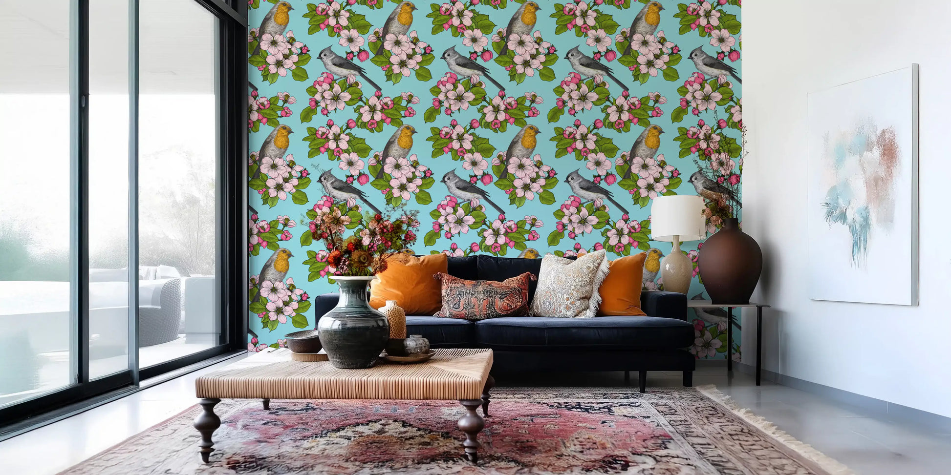Cool turquoise birds wallpaper meets the Living room with floral sprays