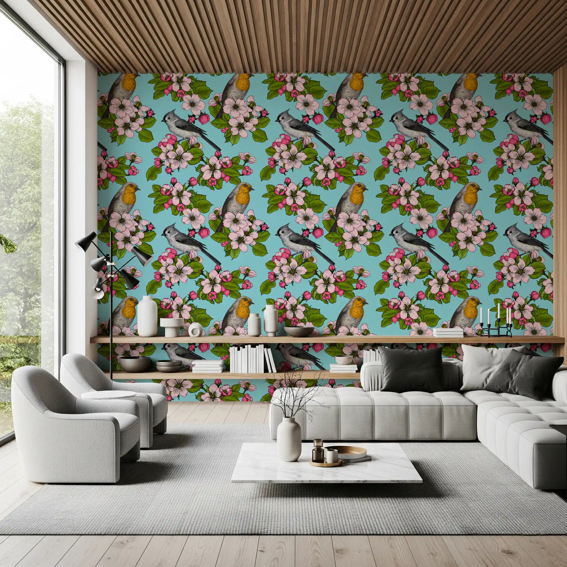 Lounge area shifts to florals with this perched-bird wallpaper