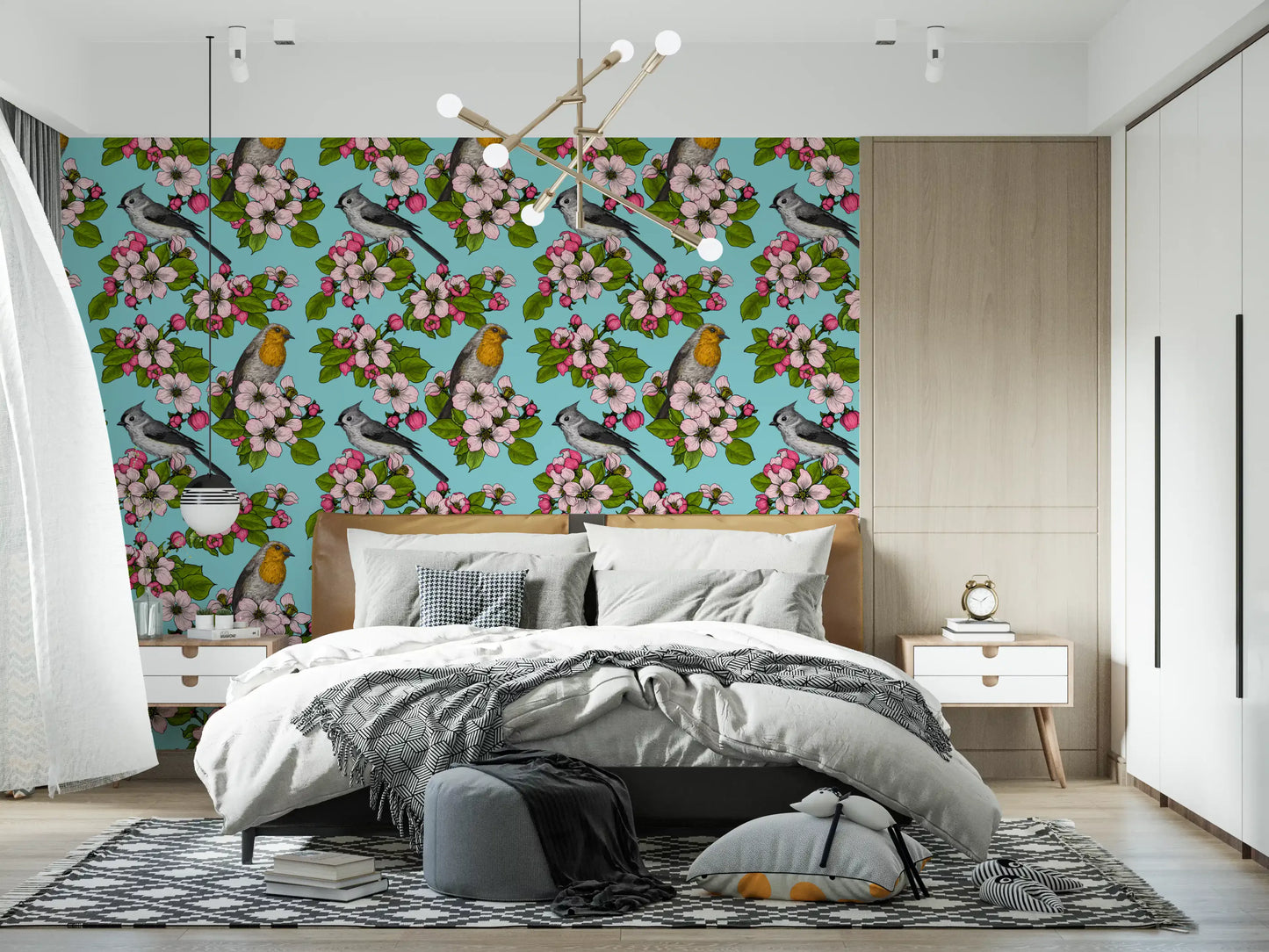 Orange-breasted robin rests within blooming branches on the wallpaper