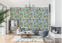 Apple-blossom and robin wallpaper warms a relaxed Living room setting