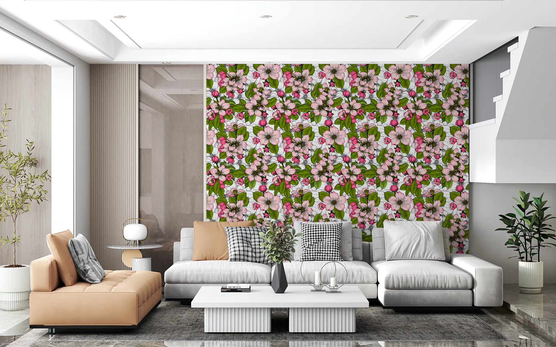 Wide windows illuminate the blossom botanical wallpaper inside the quiet Living room .