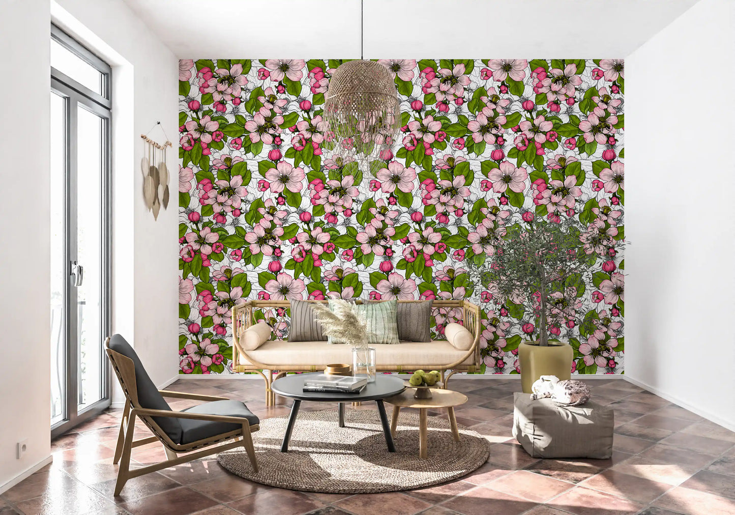The sunlit lounge area features an Apple themed floral wallpaper.