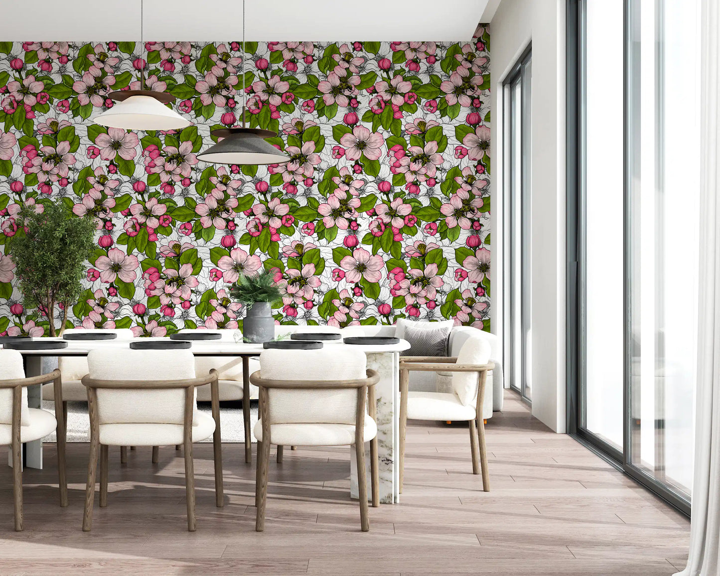 Green foliage and pink petals contrast sharply in the Apple blossom on white Wallpaper.