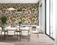 Green foliage and pink petals contrast sharply in the Apple blossom on white Wallpaper.